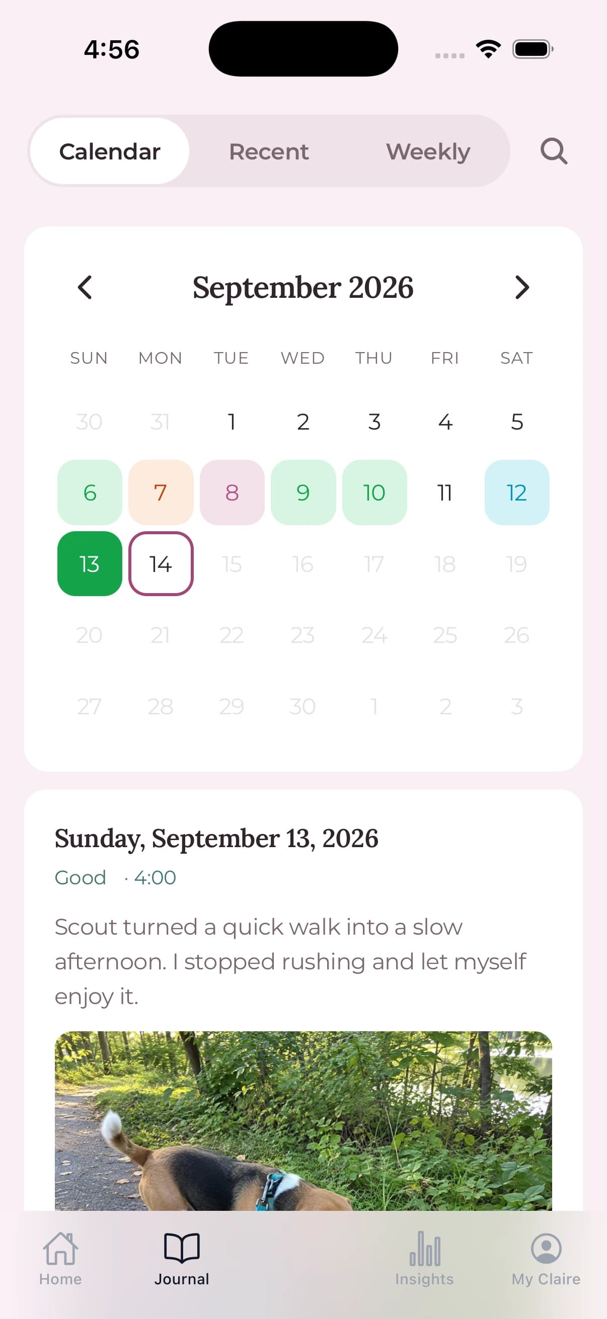 Claire’s September mood calendar with a fictional journal entry and photo from Alex’s walk with Scout.