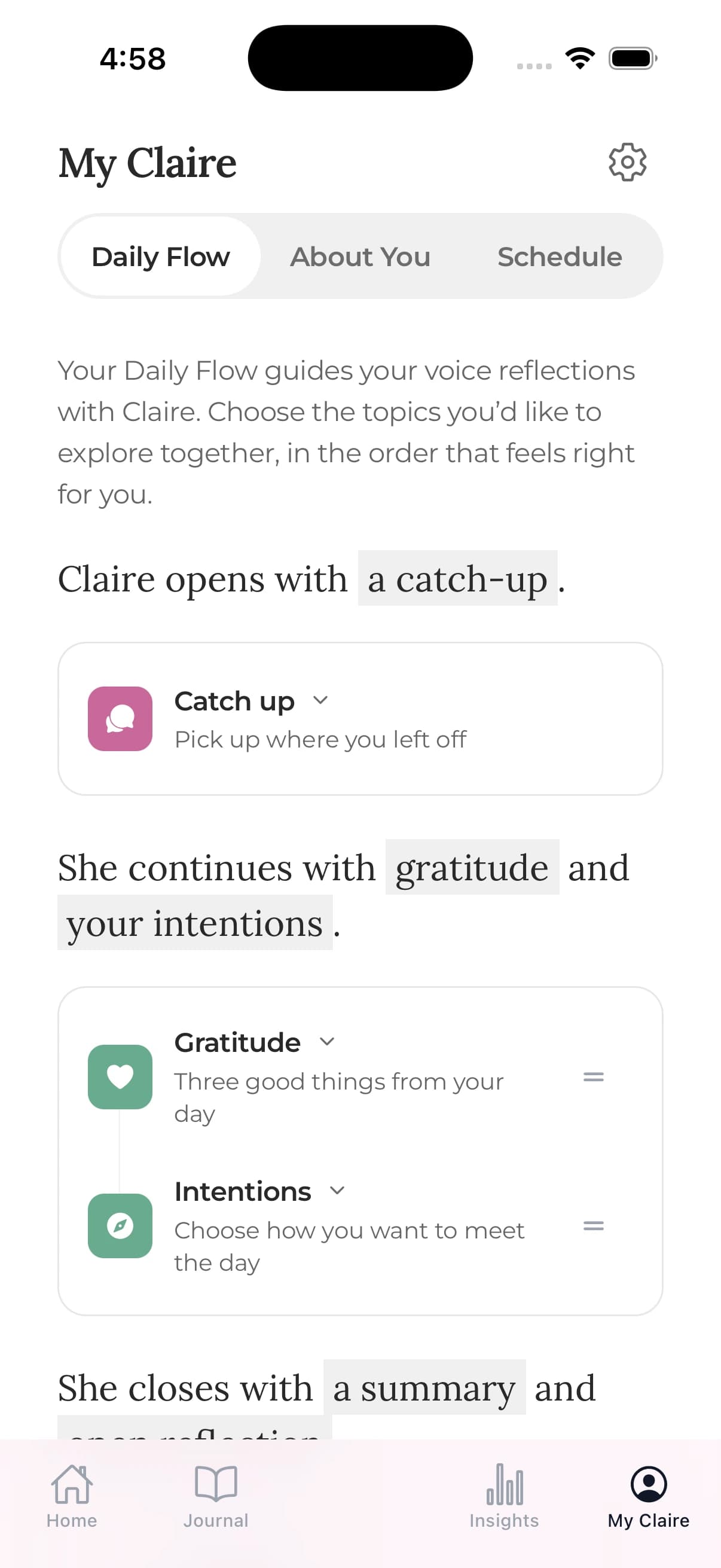 Claire’s Daily Flow screen with Catch up, Gratitude, and Intentions conversation modules.