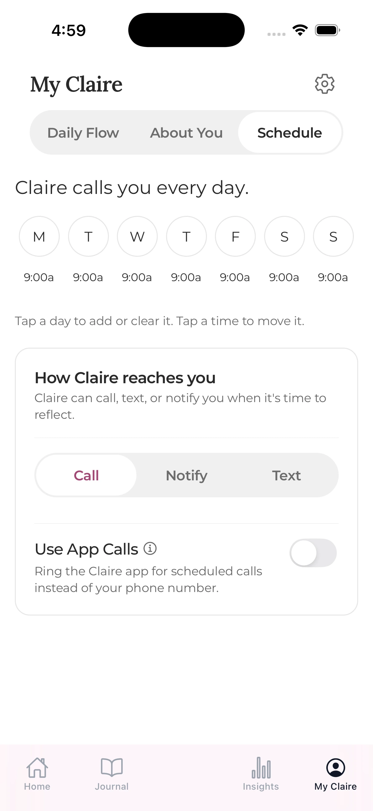Claire’s per-day reflection schedule with Call, Notify, Text, and app call options.