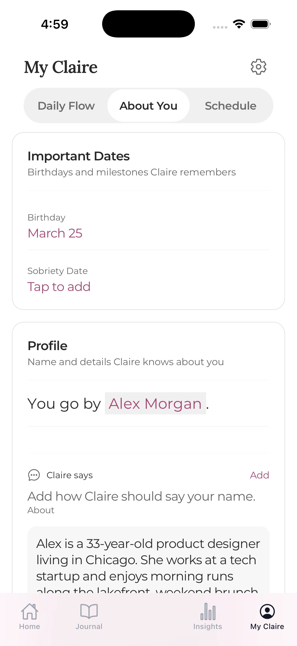 The fictional Alex Morgan profile, with important dates and name pronunciation controls.