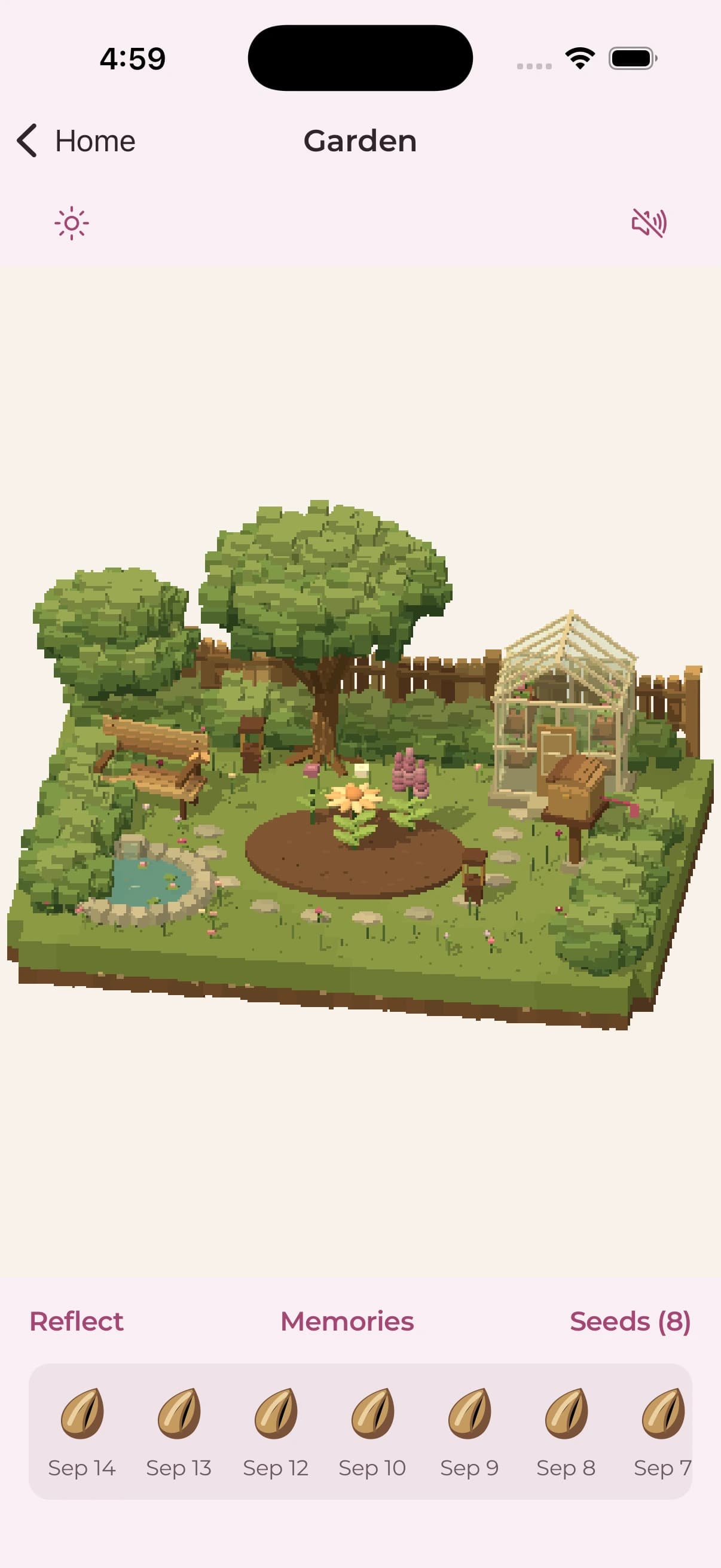 Claire’s pixel-art Garden with flowers, a greenhouse, and journal seeds waiting to be planted.