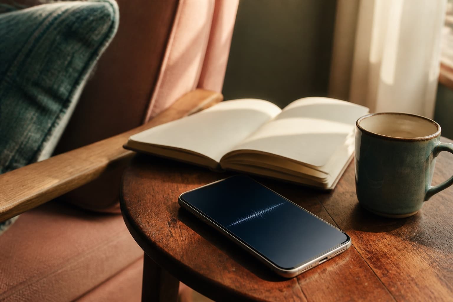 Phone, open notebook, and ceramic mug on a side table in afternoon light
