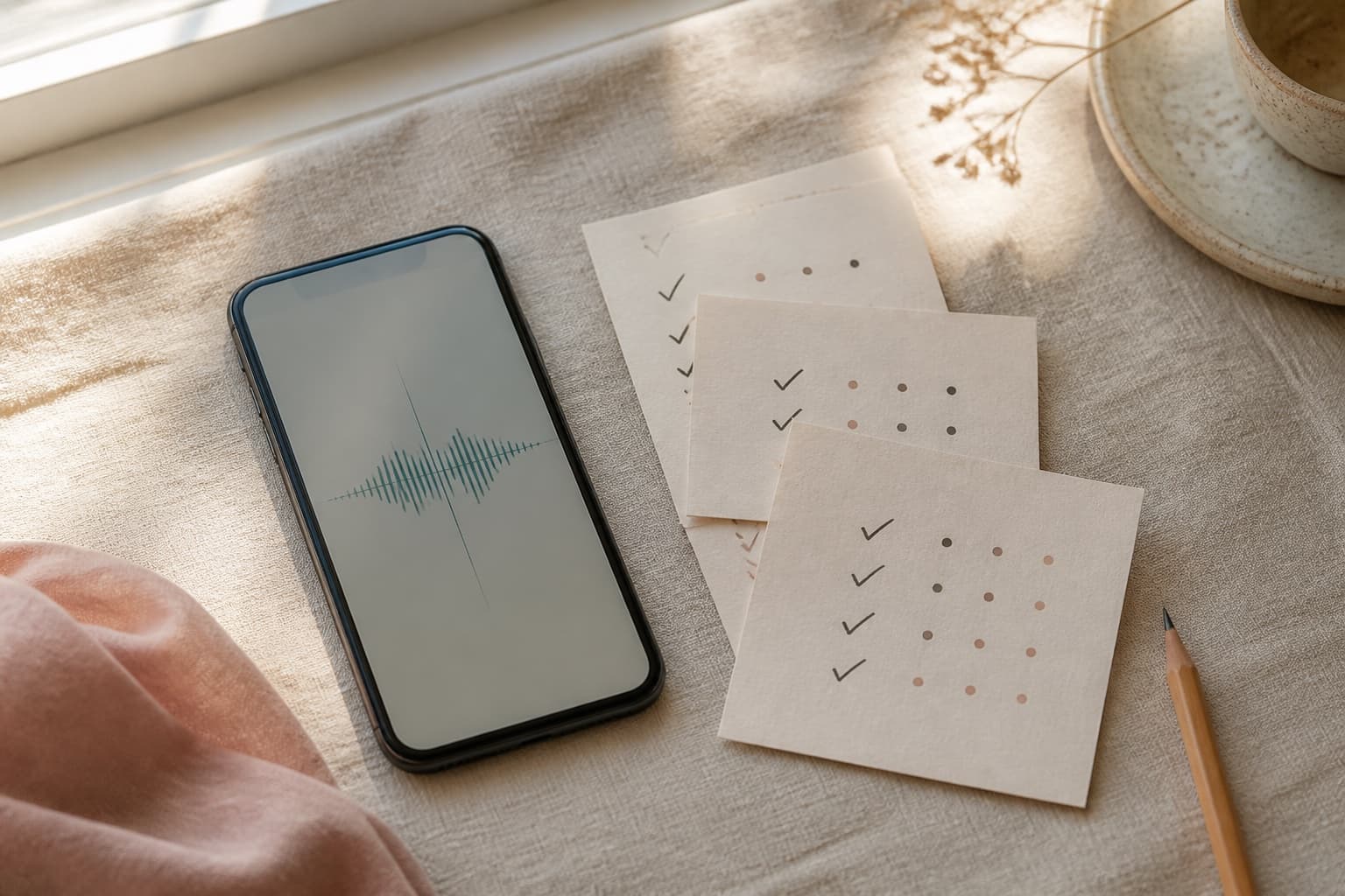 Phone with an abstract voice waveform beside anonymous survey cards in warm window light