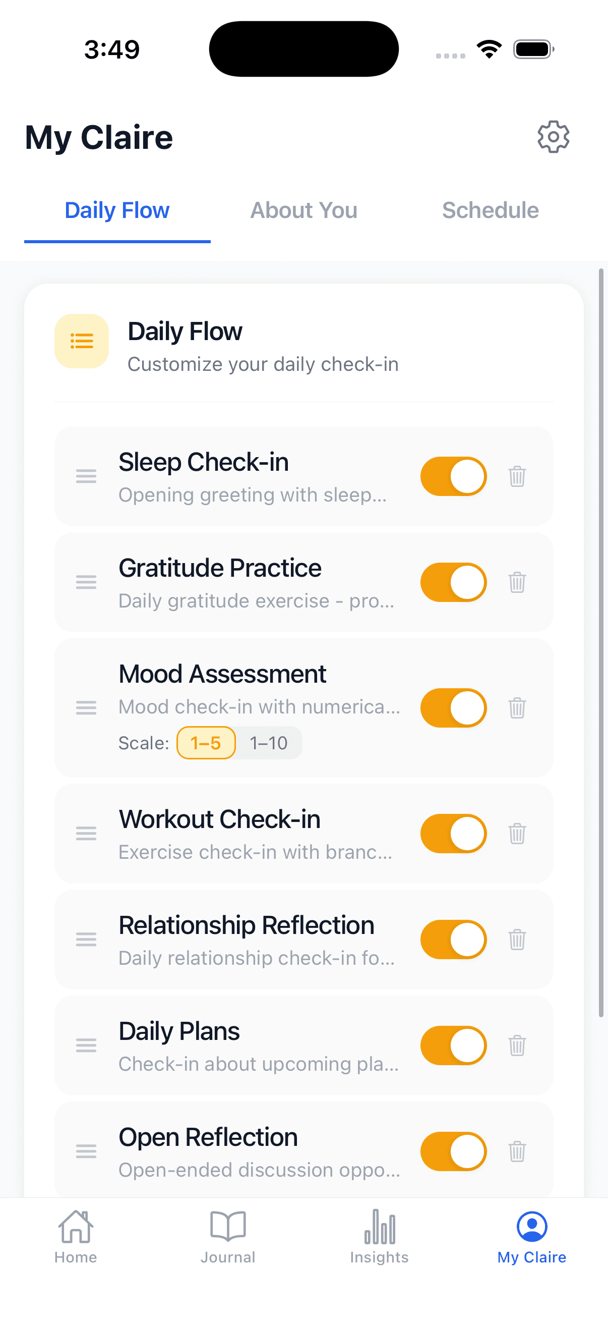Claire daily flow with customizable conversation modules