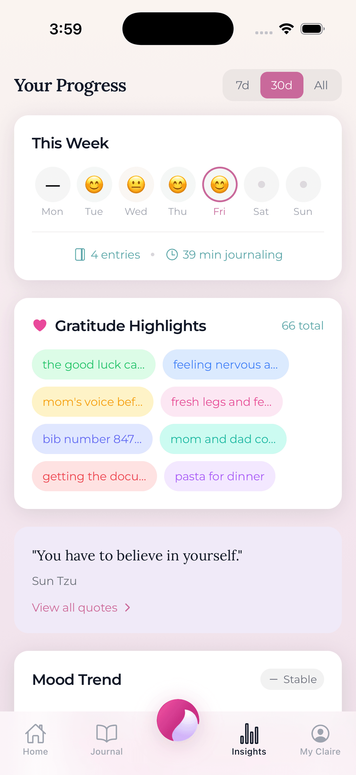 Claire analytics showing mood trends and gratitude patterns