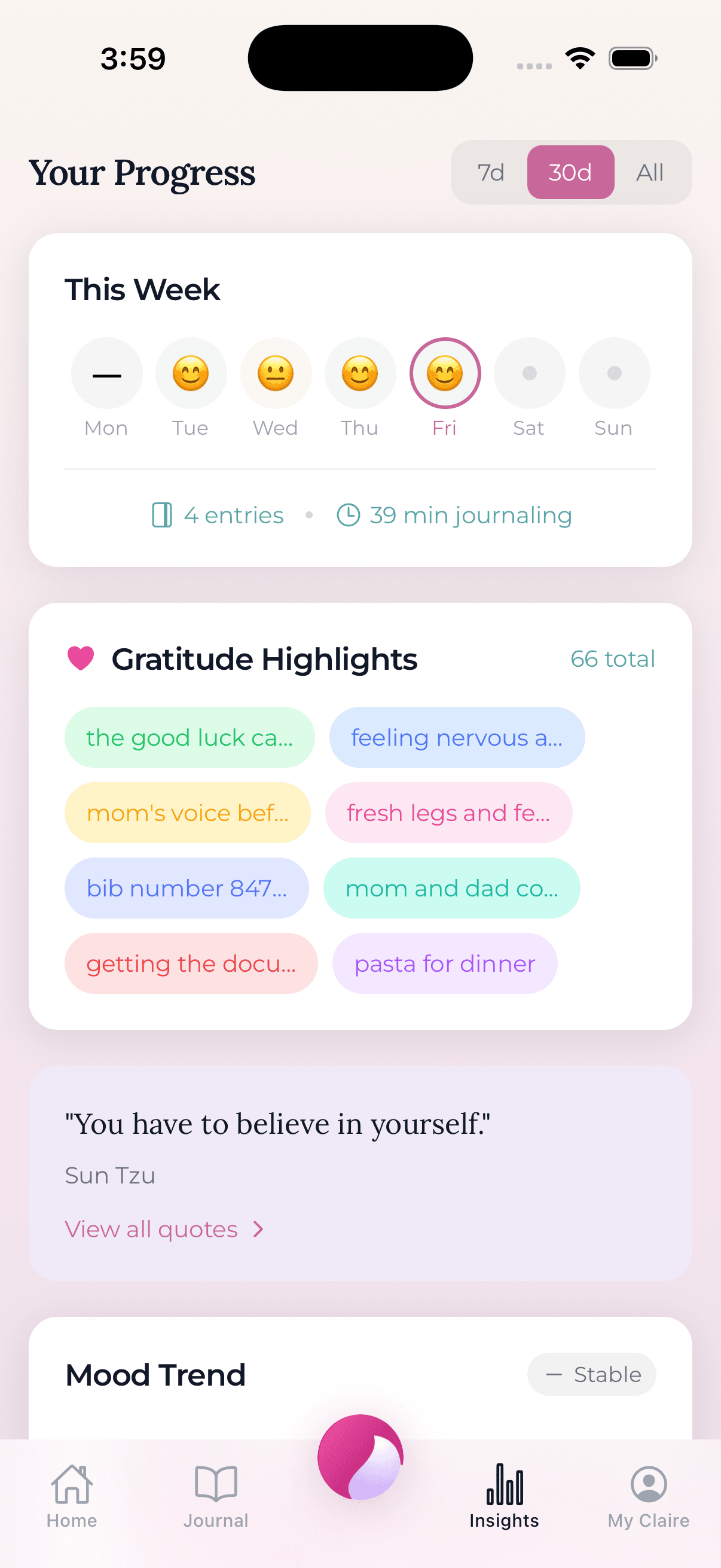 Claire insights showing mood trends, streaks, and gratitude highlights