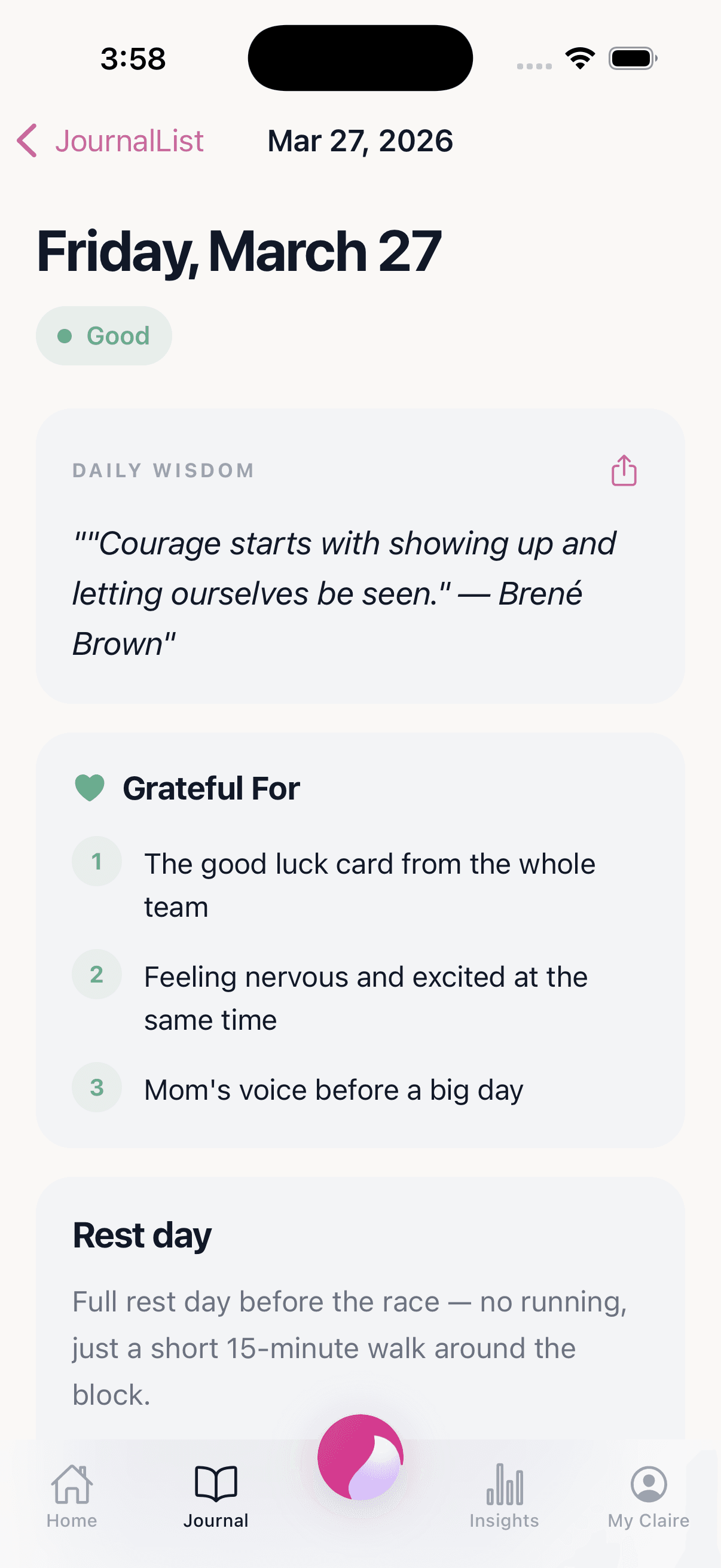 A Claire journal entry with mood, gratitude, and summary
