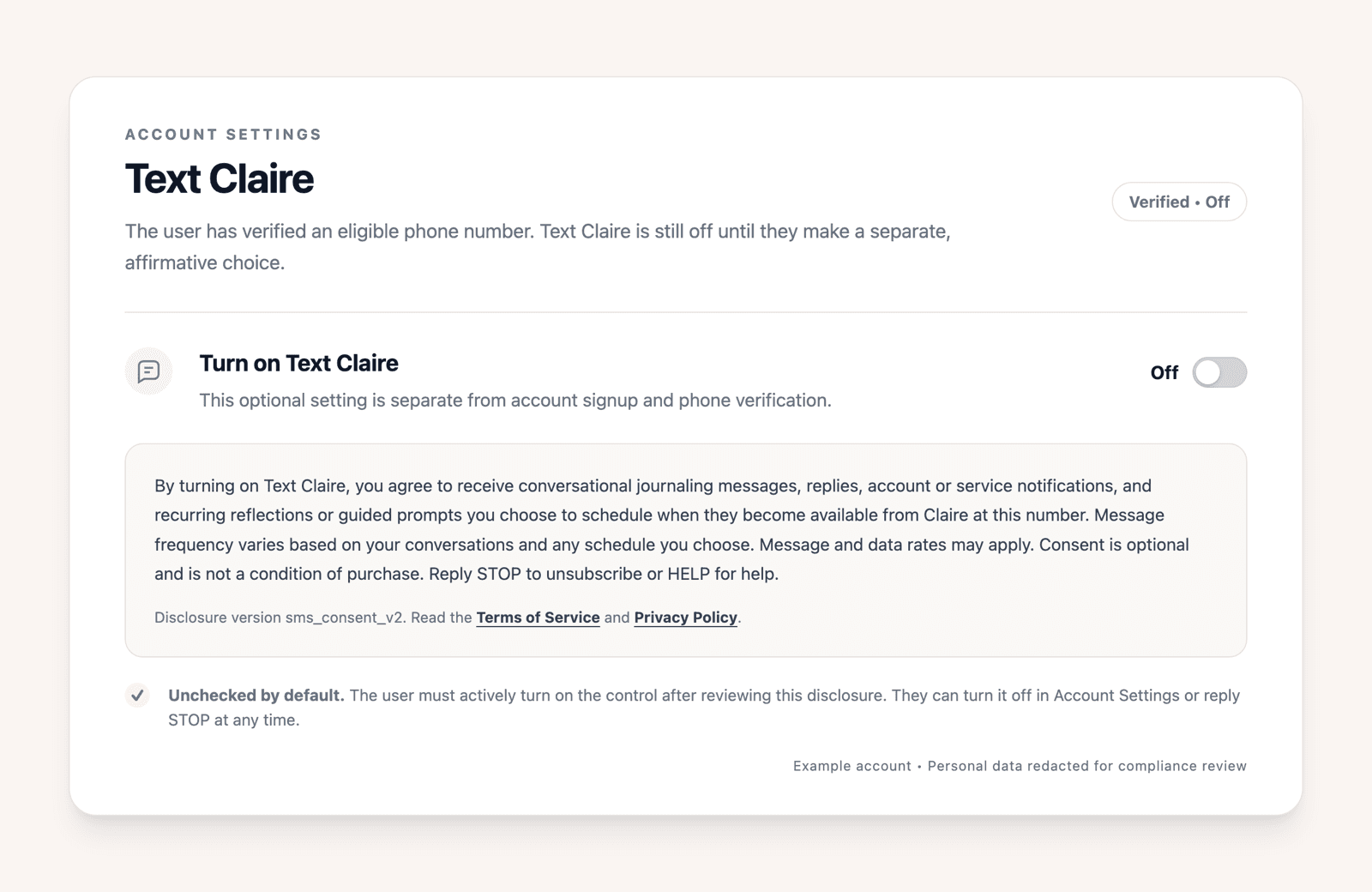 Redacted Text Claire settings showing the separate consent control off and the full SMS disclosure